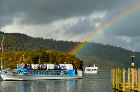 Rainbow in Bowness-on-Windermere a town on the bank of Lake Windermere in Cumbriaのeditorial素材