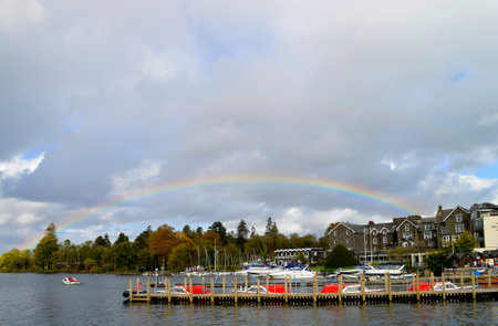 Rainbow in Bowness-on-Windermere a town on the bank of Lake Windermere in Cumbriaのeditorial素材
