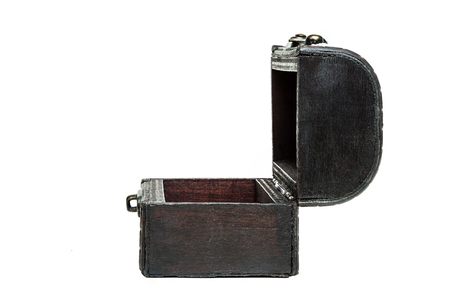 A wodden vintage box, chest on white background. Side, openedの写真素材