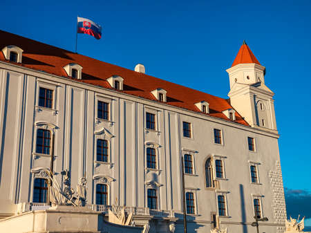 Bratislava castle with flag on its roofのeditorial素材