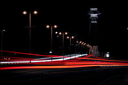 Long exposure during night of the SNP bridge in bratislavaの写真素材
