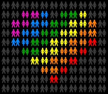 Icons of same sex couples, that form a multicolored heart and stand out from the gray crowd  Isolated vector on black background のイラスト素材