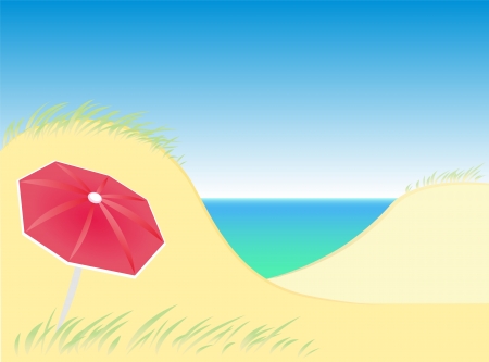 Sand dunes by the sea with a lone red parasol  Isolated vector のイラスト素材