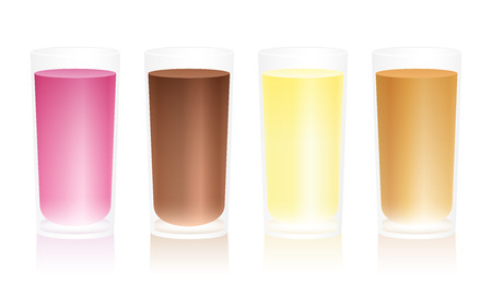 Four glasses with different milk shakes like strawberry, raspberry, chocolate, vanilla, banana, caramel or coffee のイラスト素材