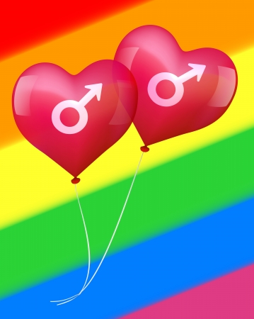 Illustration of two heart shaped gay balloons, which seem two fall in love - rainbow flag のイラスト素材
