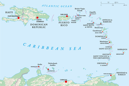 Political map of Lesser Antilles, Haiti and Dominican Republic with the capitals, national borders, rivers and lakes  Vector illustration with english labeling and scale のイラスト素材