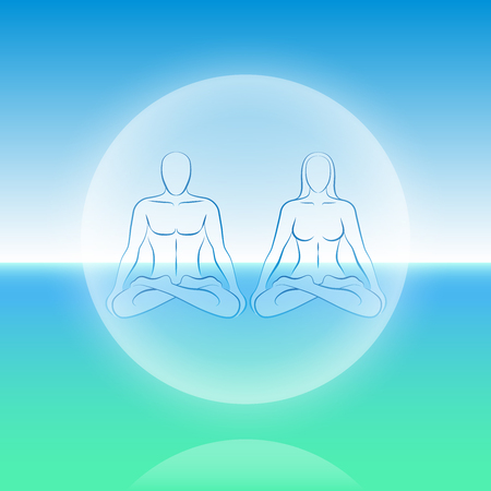Dual Soul scenery - a male and a female soul get together in a sphere levitating over the ocean のイラスト素材