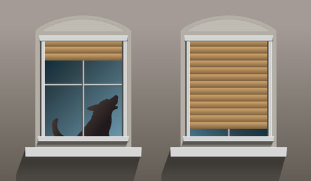 A lonely howling dog is sitting behind a window with partially let down shutters  のイラスト素材