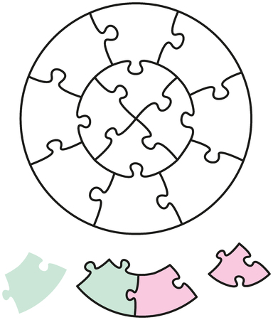 Jigsaw Puzzle Two Circles with single pieces which can be individually removed and arranged  Vector illustration on white background のイラスト素材