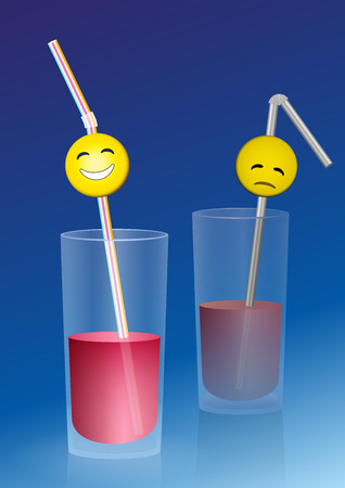 Half full glass with a happy smiley on a straw, and a half empty glass with a sad smileyのイラスト素材