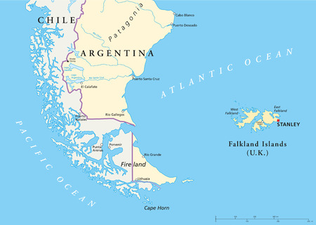 Falkland Islands Policikal Map and part of South America with national borders, most important cities, rivers and lakesのイラスト素材