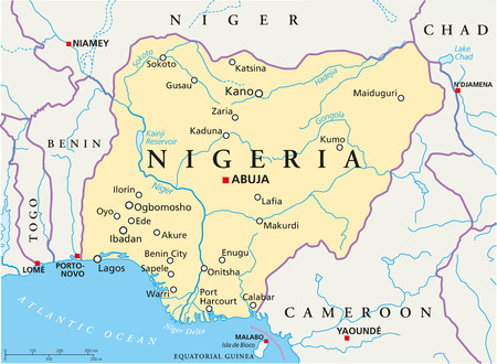 Nigeria Political Map with capital Abuja, national borders, most important cities, rivers and lakesのイラスト素材