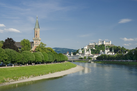 Salzburg City Historic Center And Evangelical Christ Church - International festival city for classical music, birthplace of Mozart  Panorama view of Christ Church, fortress and the the old town のeditorial素材