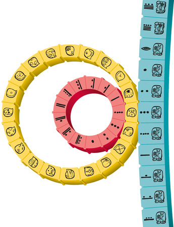 Maya Calendar 3D consisting of Tzolkin combined with Haab to form a Calendar Round  Showing the first day of the new calendar round - doomsday  Illustration on white background のイラスト素材