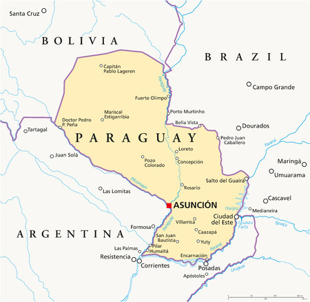 Paraguay Political Map with capital Asuncion, national borders, most important cities, rivers and lakes  Illustration with English labeling and scaling のイラスト素材