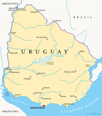 Uruguay Political Map with capital Montevideo, national borders, most important cities, rivers and lakes  Illustration with English labeling and scaling のイラスト素材
