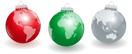 Shiny christmas tree balls with three different angles of planet earth. Isolated vector illustration on white background.のイラスト素材