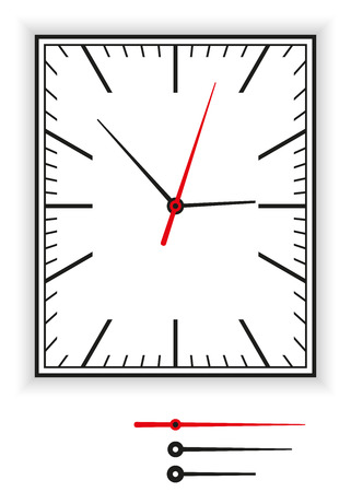 Rectangular Clock Face as part of an analog clock with black and red pointers. Illustration on white background.のイラスト素材