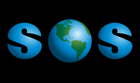 SOS with planet earth in the middle as a symbol for global troubles like environmental, humanity, political or cosmic problems. Vector illustration on black background.のイラスト素材