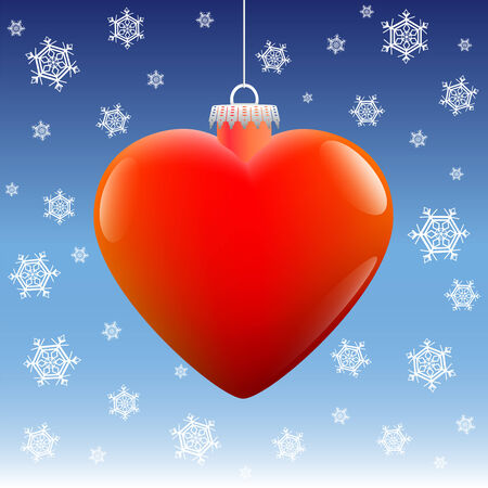 Heart shaped christmas ball hanging against a placid winter snowfall backgroundのイラスト素材