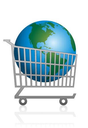 Trolley with planet earth in it for sale. Isolated vector illustration on white background.のイラスト素材