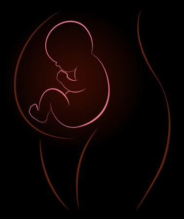 Pregnant mother with snoozing baby in the womb. Abstract outline vector illustration symbol on black gradient background.のイラスト素材