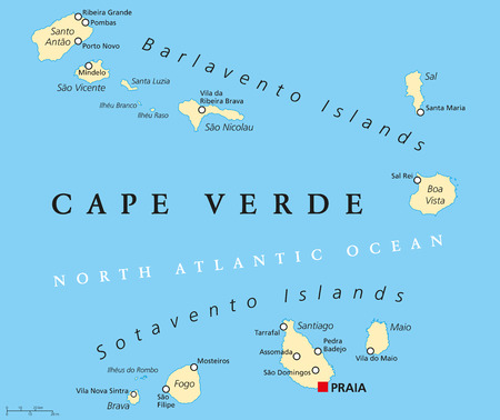 Cape Verde Political Map with capital Praia and important cities. English labeling and scaling.のイラスト素材
