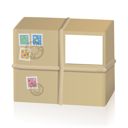 Parcel tied with a cord, with four post stamps and a white sheet to be labeled. Isolated vector illustration on white background.のイラスト素材