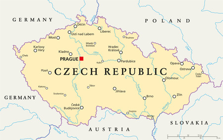 Czech Republic Political Map with capital Prague, national borders, important cities, rivers and lakes. English labeling and scaling. Illustration.のイラスト素材