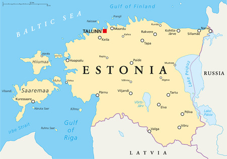 Estonia Political Map with capital Tallinn, national borders, important cities, rivers and lakes. English labeling and scaling. Illustration.のイラスト素材