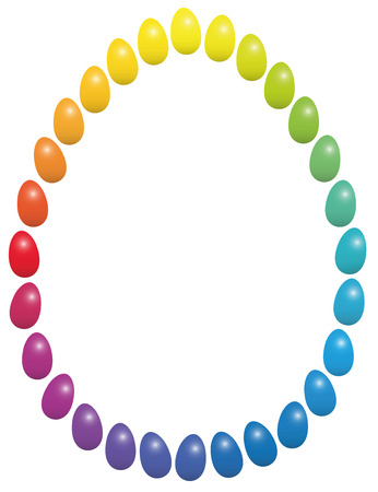 Easter eggs that form a colorful glossy rainbow gradient frame. Isolated vector illustration over white background.のイラスト素材