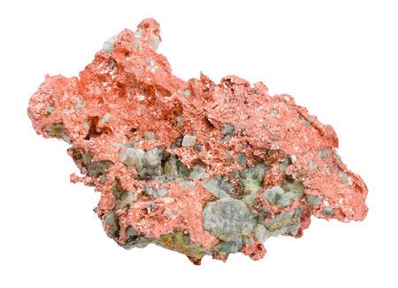 Native copper isolated over white background. Freshly exposed metal surface with reddish-orange color embedded in green turquoise mineral. Chemical element Cu.の写真素材