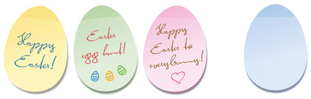 Self stick notes, saying Happy Easter!, Easter egg hunt! and Happy Easter to everybunny! The blue one is blank. Isolated vector illustration on white background.のイラスト素材