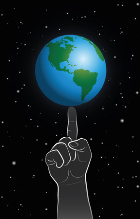 A giant finger controls planet earth, a symbol for God or godlike behavior. Vector illustration on star pocked black background.のイラスト素材