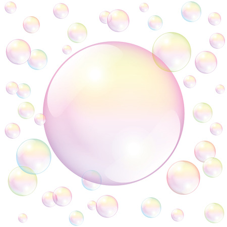 Big pink soap bubble surrounded by small soap bubbles - to fill in any text or image. Isolated vector illustration over white background.のイラスト素材