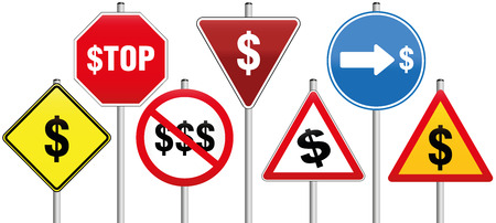 Seven road signs with dollar symbols, concerning money and business issues. Isolated vector illustration on white background.のイラスト素材