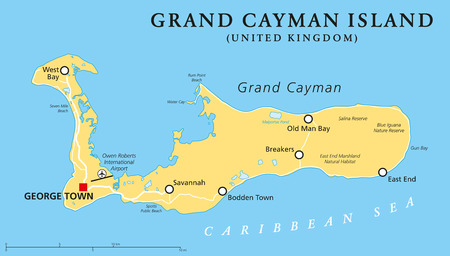 Grand Cayman Island Political Map with capital George Town and important places, the largest of the three Cayman Islands, a British Overseas Territory in the western Caribbean Sea. English labeling and scaling. Illustration.のイラスト素材