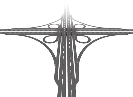 Cloverleaf interchange - aerial perspective - two level, four way interchange with collector/distributor roads, loop ramps, underpass and overpass. Detailed vector illustration on white background.のイラスト素材