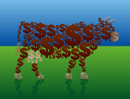 Cash cow that is composed of dollar symbols is standing in a rich green pasture. Isolated vector illustration.のイラスト素材