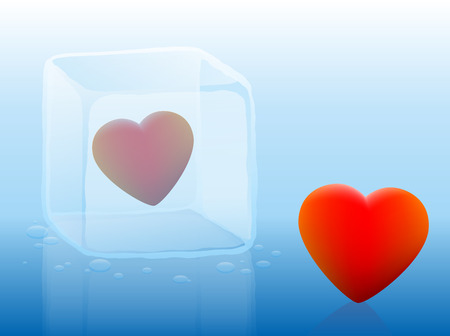 Cold heart inside an ice cube and warm heart outside illustration on blue gradient background.のイラスト素材