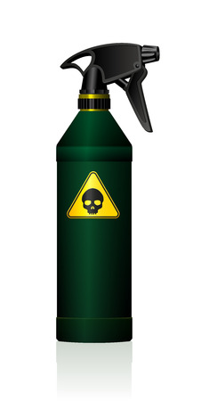 Poison spray bottle for plant toxins insecticides pesticides biocides and etc  with a black skull on a yellow triangle as a hazard warning sign for toxicity. Isolated vector on white background.のイラスト素材