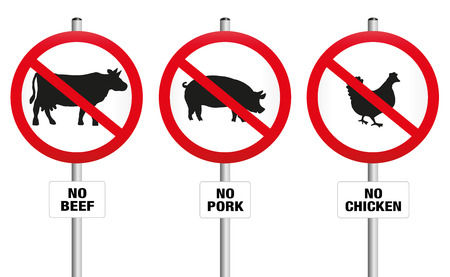 No beef pork and chicken  three prohibitory signs with crossed out pig cow and hen  a symbol against meat production and for vegetarian diet and lifestyle. Isolated vector illustration over white.のイラスト素材