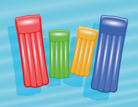 A family of air mattresses floating on blue water as a symbol for family holiday or family friendly vacation destinations. Isolated vector illustration.のイラスト素材