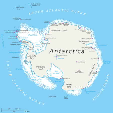 Antarctica Political Map with south pole scientific research stations and ice shelfs. English labeling and scaling. Illustration.のイラスト素材