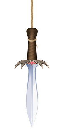 Sword of Damocles hanging threatening on a rope. Isolated vector illustration on white background.のイラスト素材