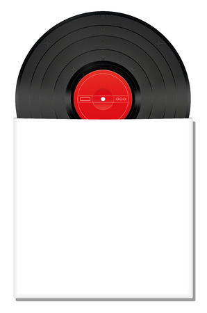 Vinyl record halfway in a blank white album cover that can be labeled with any text logo or picture. Isolated vector illustration on white background.のイラスト素材