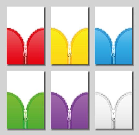 Zippers in six different colors  red yellow blue green purple and white  to be zipped and unzipped  vector illustration.のイラスト素材
