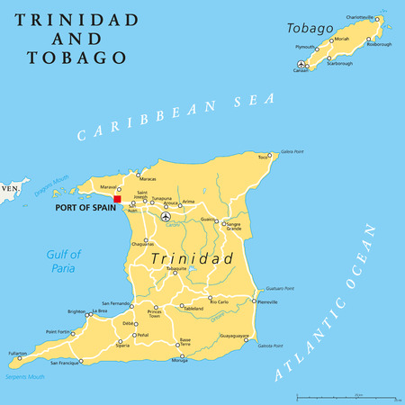 Trinidad and Tobago political map with capital Port of Spain. Twin island country in the Windward Islands and Lesser Antilles. English labeling and scaling. Illustration.のイラスト素材