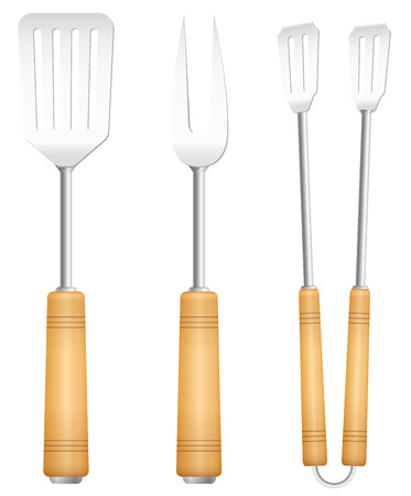 Bbq tools with wooden handle  charming vintage barbecue utensil. Isolated vector illustration on white background.のイラスト素材