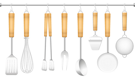 Kitchen tools on a hanger - spatula, whisk, tongs, fork, ladle, cheese slicer, skimmer and sieve. Isolated vector illustration on white background.のイラスト素材